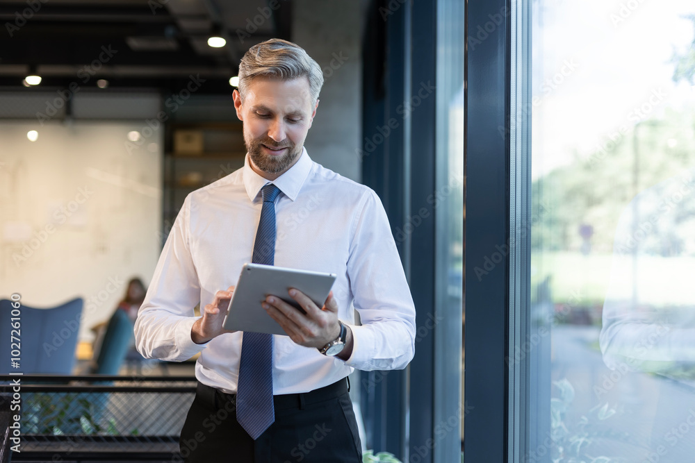 Fototapeta premium Businessman with tablet in office for schedule, email and financial administration