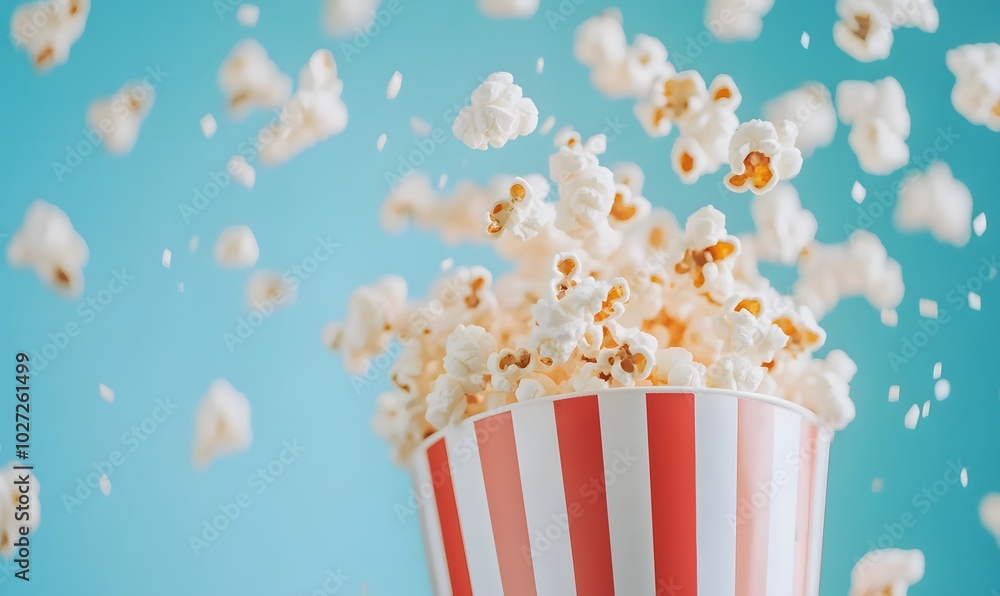 Popcorn Exploding from a Red and White Striped Cup, Generative AI Popcorn Exploding from a Red and White Striped Cup, Generative AI