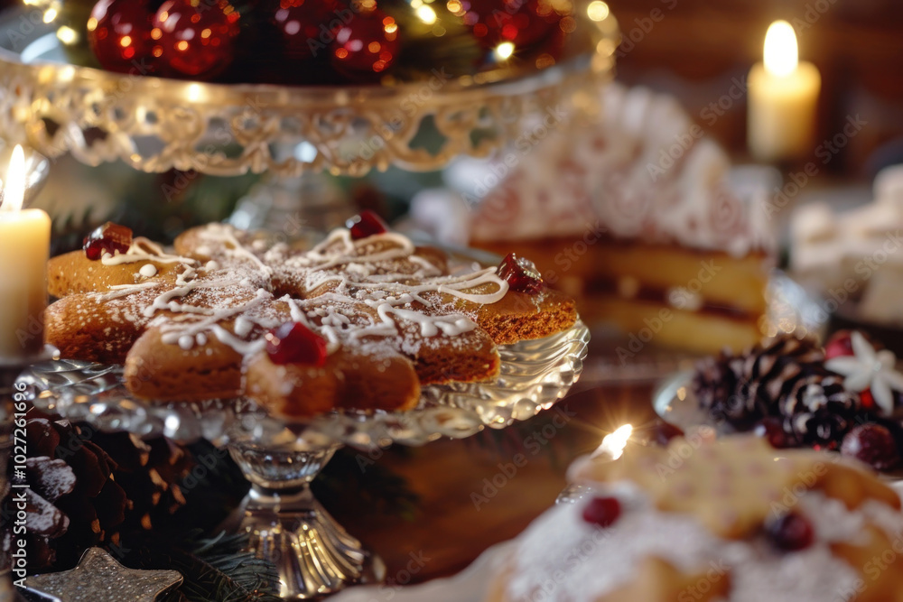 A close-up of Christmas desserts, including gingerbread cookies, fruitcake, and holiday pastries, styled on an elegant table A close-up of Christmas desserts, including gingerbread cookies, fruitcake, and holiday pastries, styled on an elegant table