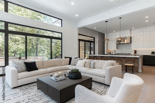 Interior of light living room with sofa rattan table and soft carpet