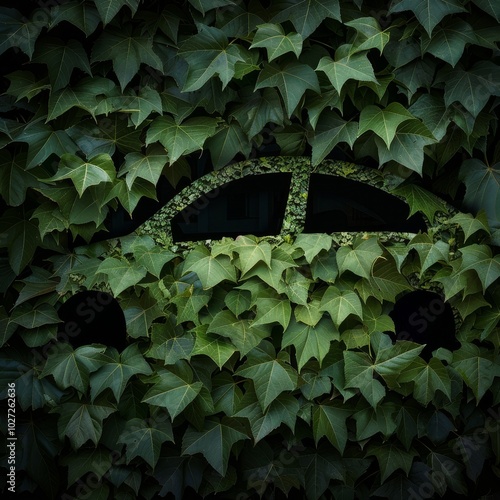 A car enveloped in dense ivy leaves intricately crafted to symbolize nature's entwinement with urban life. photo