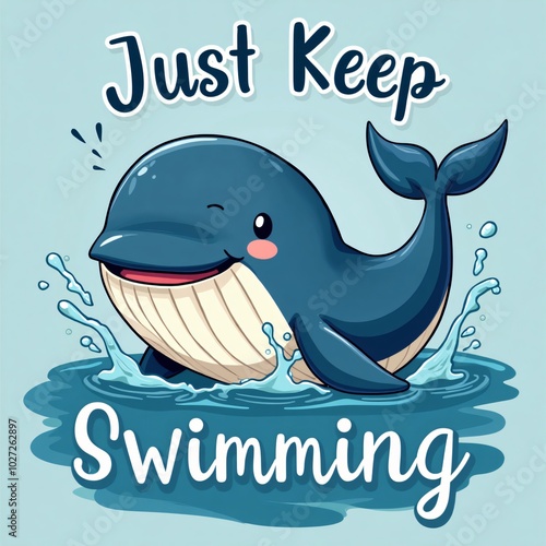 Happy Cartoon Whale Splashing Water - Just Keep Swimming T-Shirt Design photo