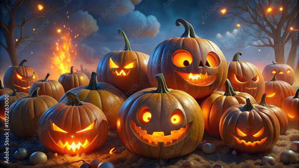 Fototapeta premium Seamless backgrounds: jack-o'-lanterns in various expressions