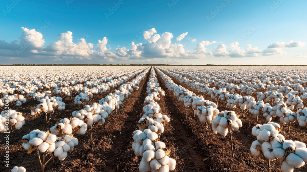 Expansive cotton field under a clear blue sky with rows of mature cotton plants extending into the distance and fluffy white cotton bolls ready for harvest.