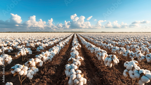 Obraz na płótnie Expansive cotton field under a clear blue sky with rows of mature cotton plants extending into the distance and fluffy white cotton bolls ready for harvest. w salonie