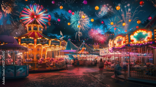 A colorful New Year carnival with rides, cotton candy, and fireworks, filling the night with energy and excitement photo