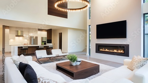 contemporary living room with open concept view through to dining room kitchen and a marble fireplace with gas fire