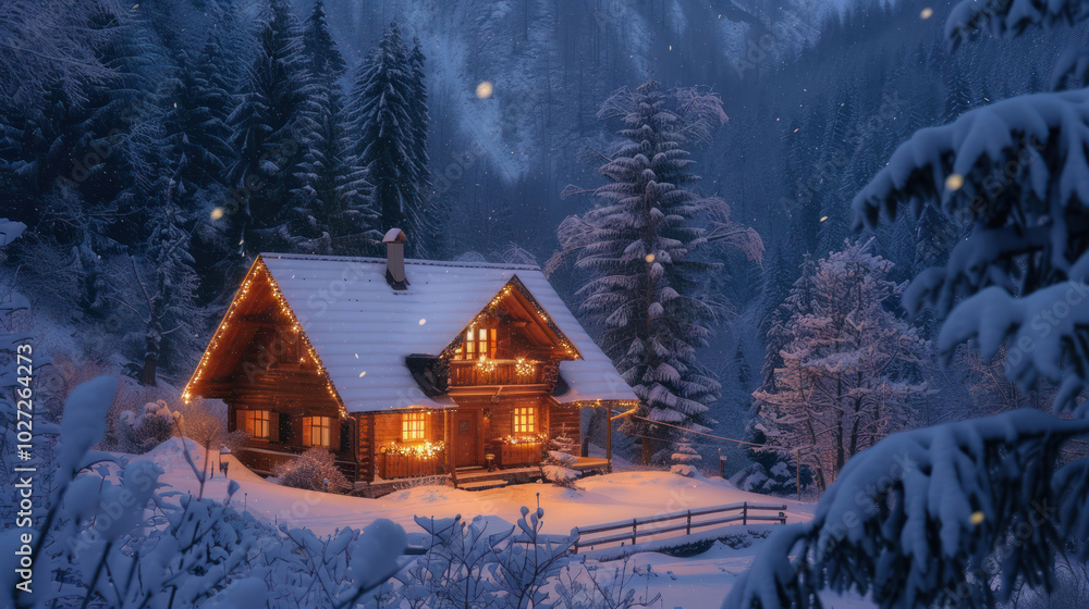 Fototapeta premium A cozy cabin in the snowy mountains, perfect for a Christmas getaway, with twinkling lights and a roaring fire inside