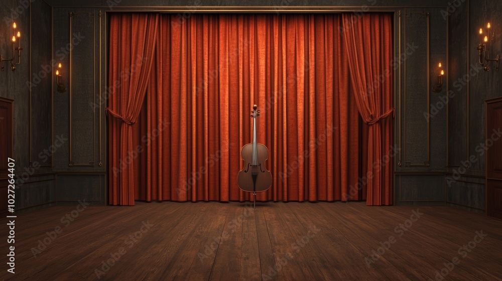 Fototapeta premium Stage with Red Curtains and Cello in Empty Hall