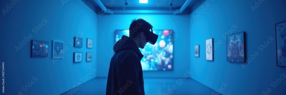 A solitary figure experiences virtual reality art in a futuristic gallery, illuminated by blue light, showcasing the intersection of technology and creativity. A solitary figure experiences virtual reality art in a futuristic gallery, illuminated by blue light, showcasing the intersection of technology and creativity.