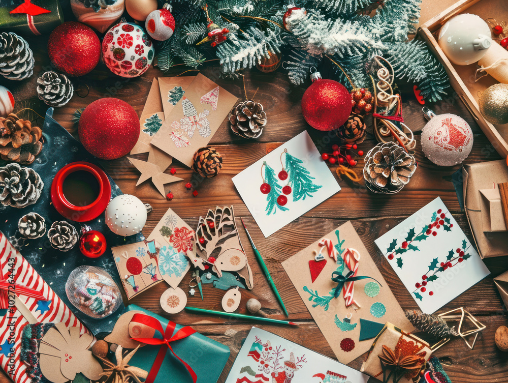 A cozy DIY Christmas craft corner with homemade ornaments, hand-painted cards, and holiday-themed crafts spread across a wooden table A cozy DIY Christmas craft corner with homemade ornaments, hand-painted cards, and holiday-themed crafts spread across a wooden table
