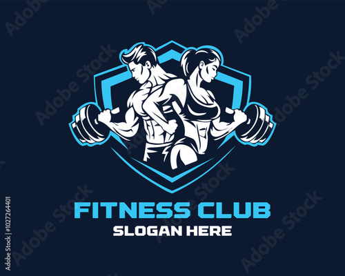 fitness and gym logo, muscle bodybuilding silhouettes, man & woman lifting dumbbells, strength training branding, health & wellness, gym logo design
