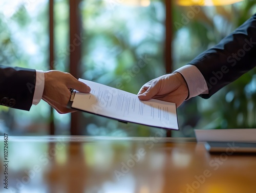 Two people passing a contract across a negotiation table, document exchange, formal business agreement photo