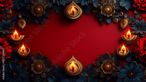 Richly detailed vector background featuring Diwali patterns of rangoli diyas ornate floral designs in golden shades set against a deep red A clean space is reserved for a celebratory message photo