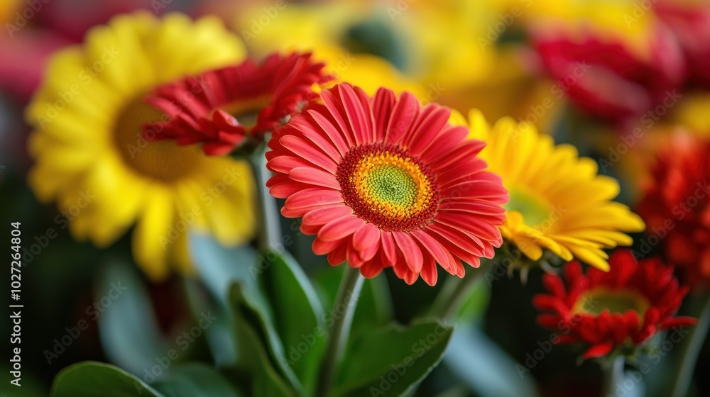 Close-up of a Vibrant Red Gerbera Daisy with Yellow and Green Center Close-up of a Vibrant Red Gerbera Daisy with Yellow and Green Center
