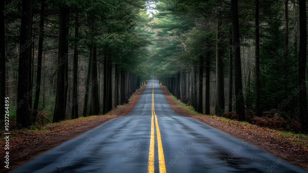 Fototapeta premium Road disappearing into the distance among tall pines, endless possibilities