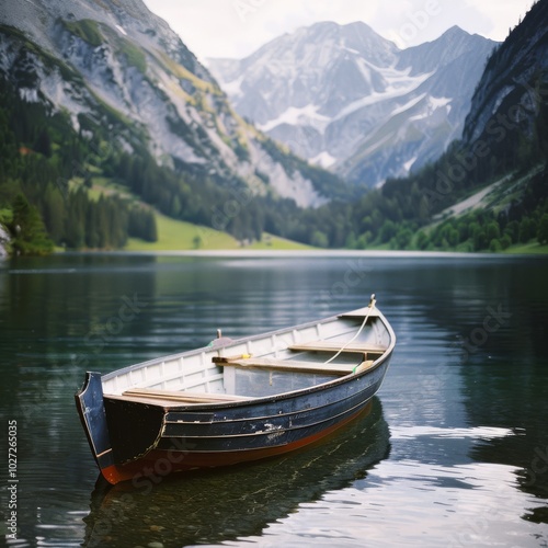 A wooden rowboat floats serenely on a tranquil mountain lake, surrounded by lush greenery and majestic peaks in the distance.