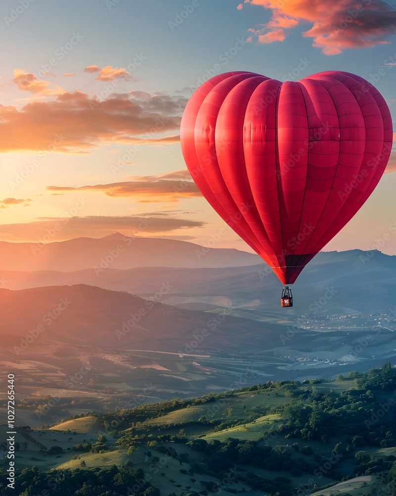 Fototapeta premium Heart Shaped Hot Air Balloon Floating Over Scenic Landscape at Dusk Symbolizing Love and Adventure
