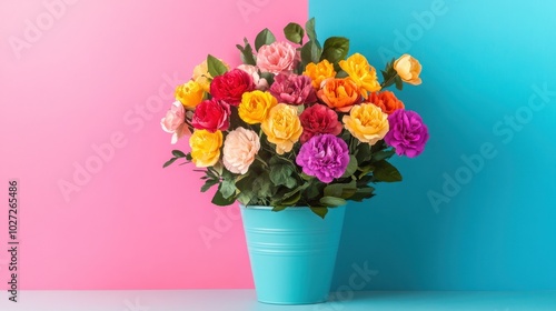 Wallpaper Mural Colorful Rose Bouquet in a Blue Pot Against a Pink and Blue Background Torontodigital.ca