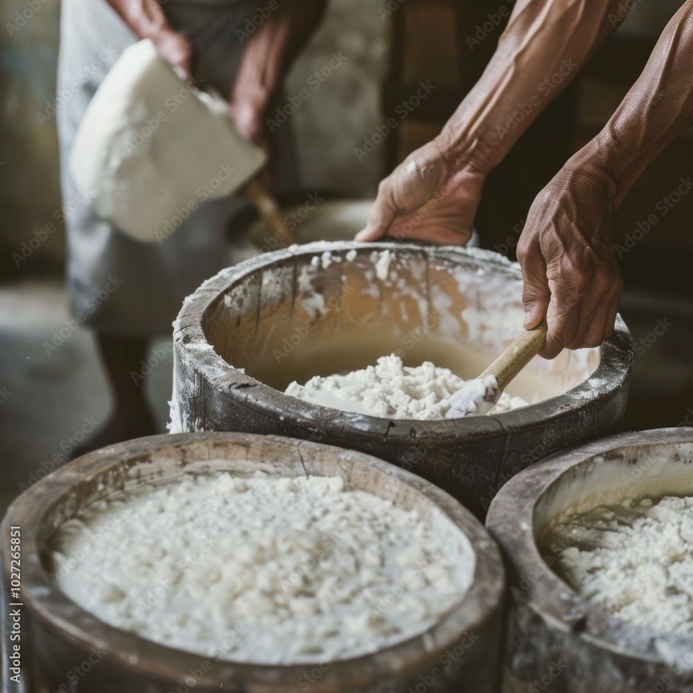 Fototapeta premium Hands skillfully mix ingredients in large wooden barrels, capturing the artisanal process of traditional food preparation.
