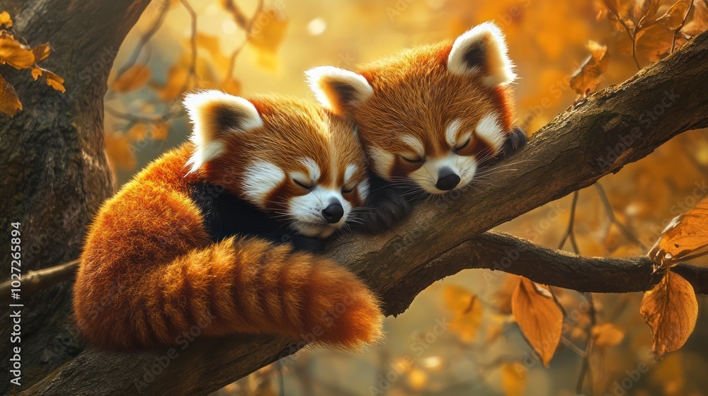 Fototapeta premium Two Red Pandas Napping in a Tree