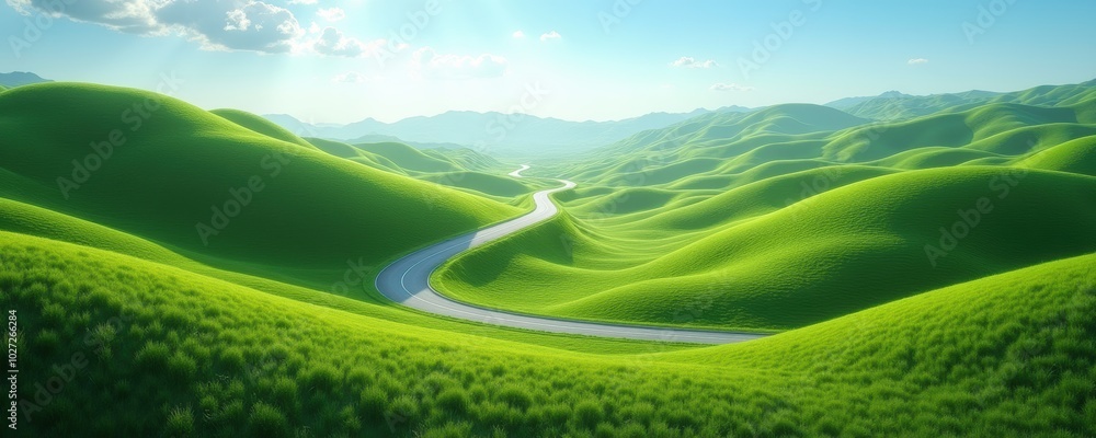 Obraz premium A serene landscape featuring lush green hills and a winding road. Perfect for nature themes, travel promotions, or environmental projects.