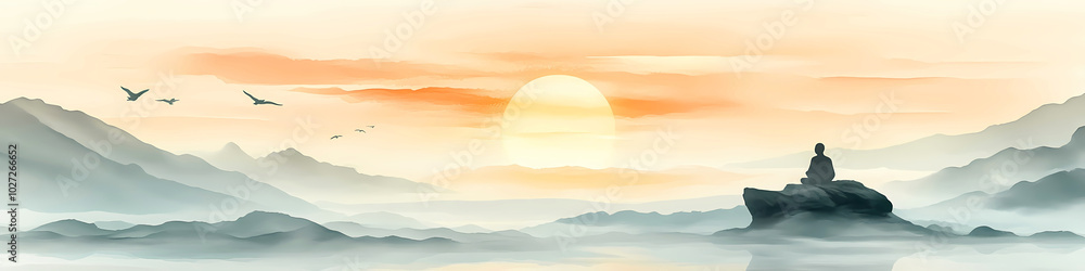 A person meditates on a rock as the sun sets behind misty hills, zen, minimal watercolor illustration A person meditates on a rock as the sun sets behind misty hills, zen, minimal watercolor illustration