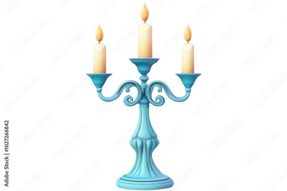 Fototapeta premium A blue ornate candelabra with three lit candles, transparent background