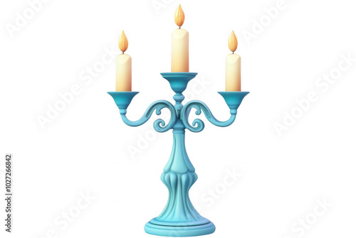 A blue ornate candelabra with three lit candles, transparent background