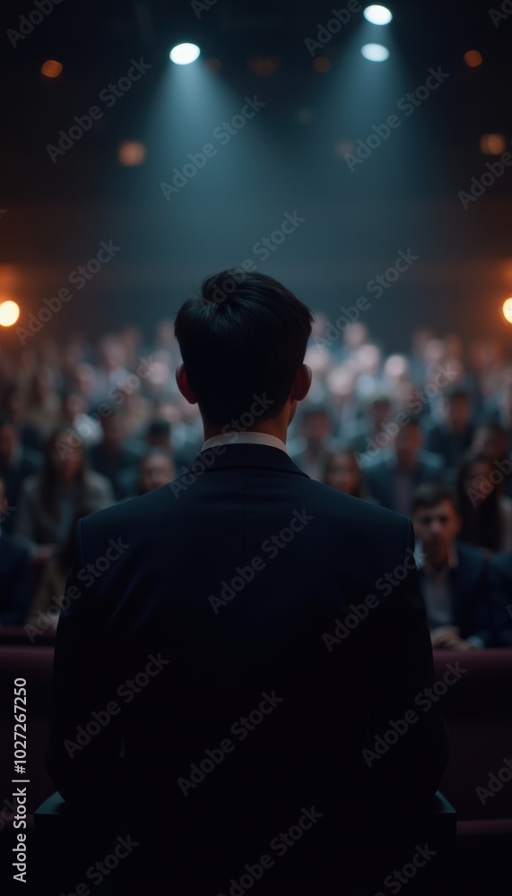 A speaker captivating an audience in a dimly lit theater, showcasing the power of public speaking and engagement. A speaker captivating an audience in a dimly lit theater, showcasing the power of public speaking and engagement.