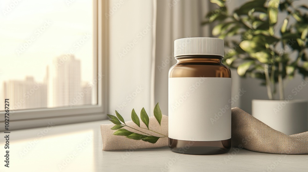 Brown Glass Bottle with White Label and Green Leaf on a Windowsill Brown Glass Bottle with White Label and Green Leaf on a Windowsill