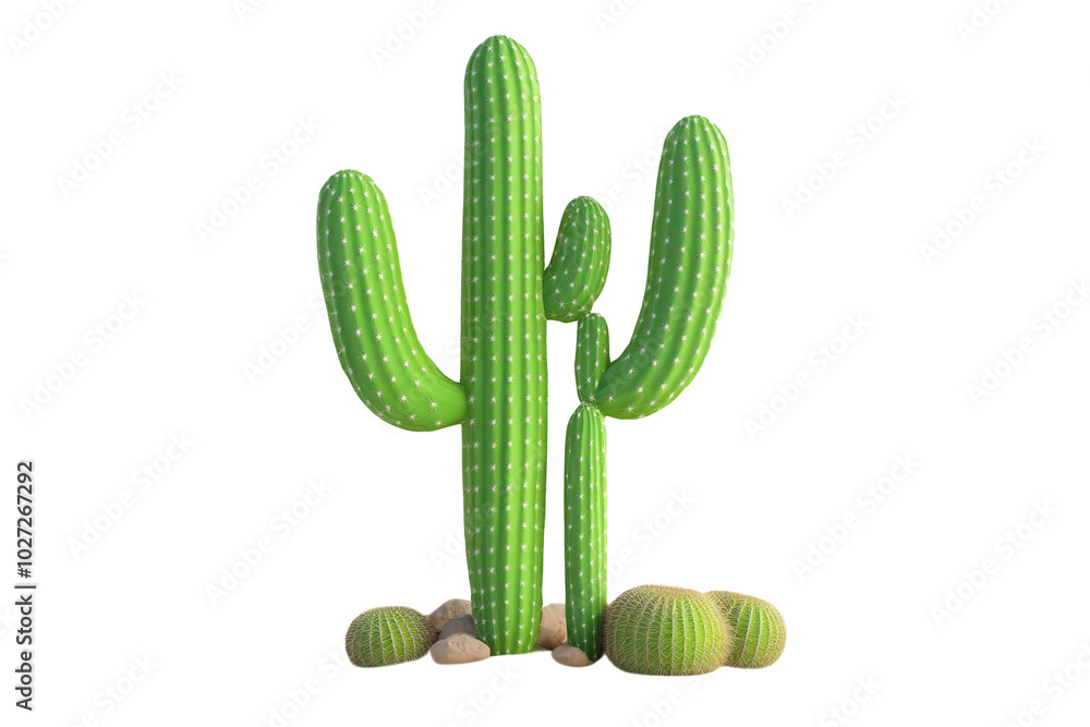 A large cactus with a smaller cactus growing next to it, transparent background A large cactus with a smaller cactus growing next to it, transparent background