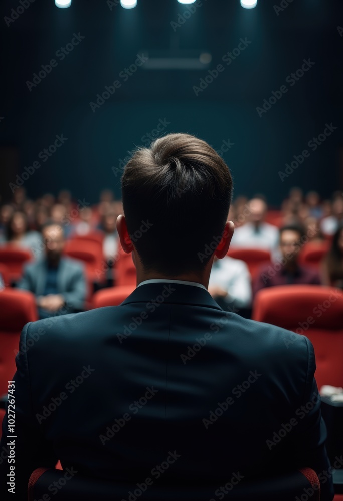 A professional speaker addresses an engaged audience in a dimly lit auditorium, highlighting the importance of communication and presentation skills. A professional speaker addresses an engaged audience in a dimly lit auditorium, highlighting the importance of communication and presentation skills.