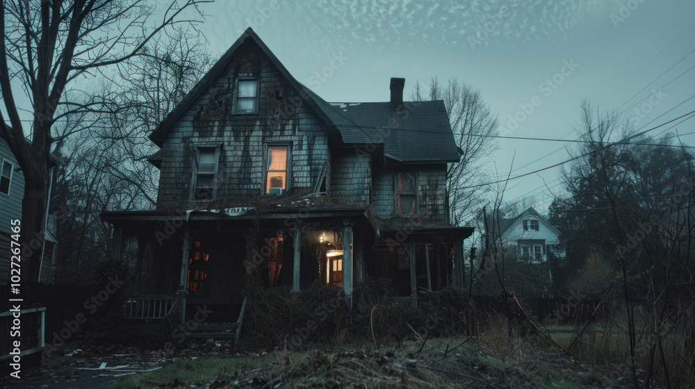 A creepy, abandoned house with broken windows, eerie lighting, and mysterious figures lurking inside. A creepy, abandoned house with broken windows, eerie lighting, and mysterious figures lurking inside.