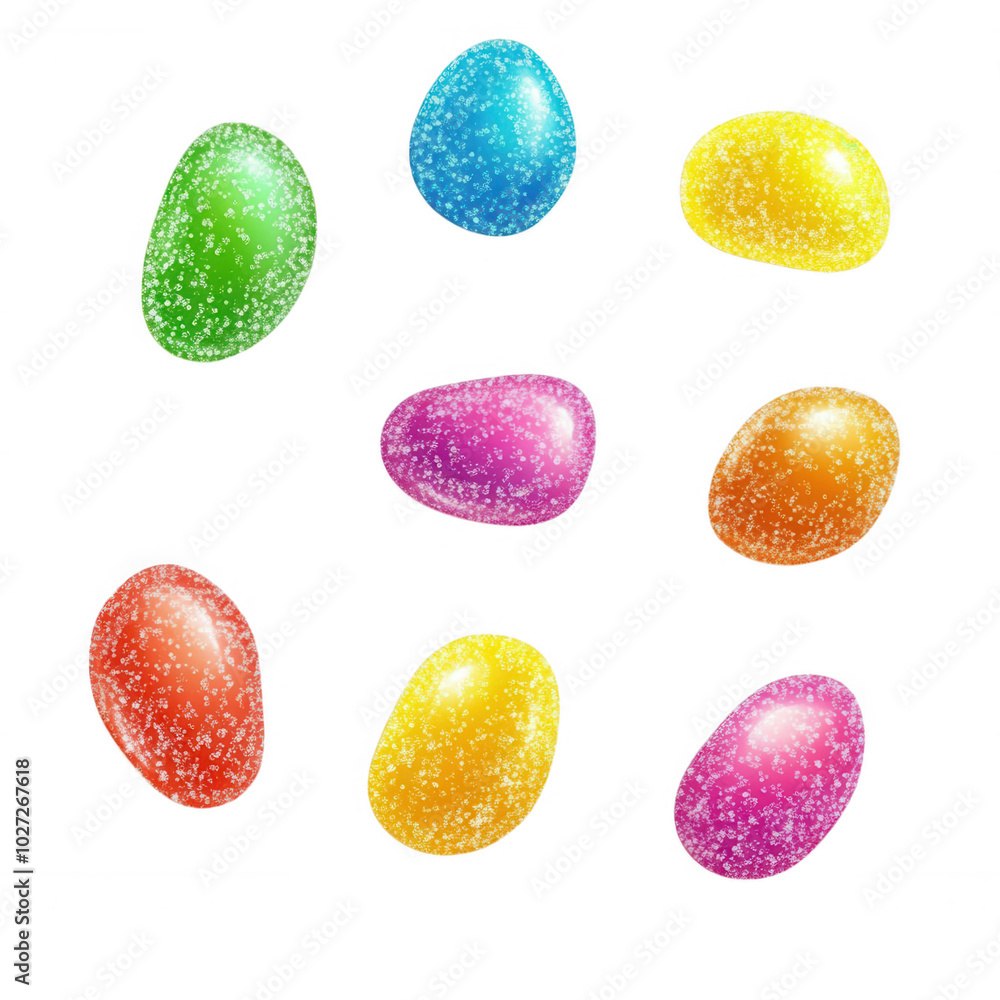 A vibrant collection of eight colorful jelly beans, each with a unique sugary coating, transparent background A vibrant collection of eight colorful jelly beans, each with a unique sugary coating, transparent background