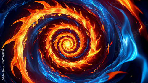 Fiery Whirlwind of Energy: A vivid collision of flaming orange and blue streams in a dynamic spiral, creating a visual tension between heat and cold, in an epic cosmic scene of contrasting forces