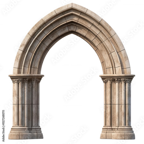 Stone archway with intricate details, transparent background