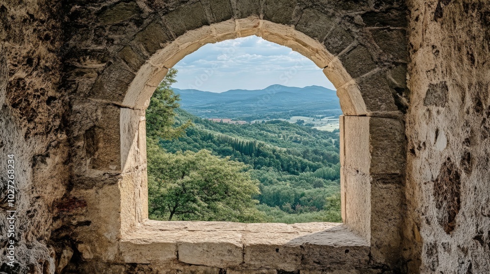 A stone arch window with a view of a lush green forest and mountains. A stone arch window with a view of a lush green forest and mountains.