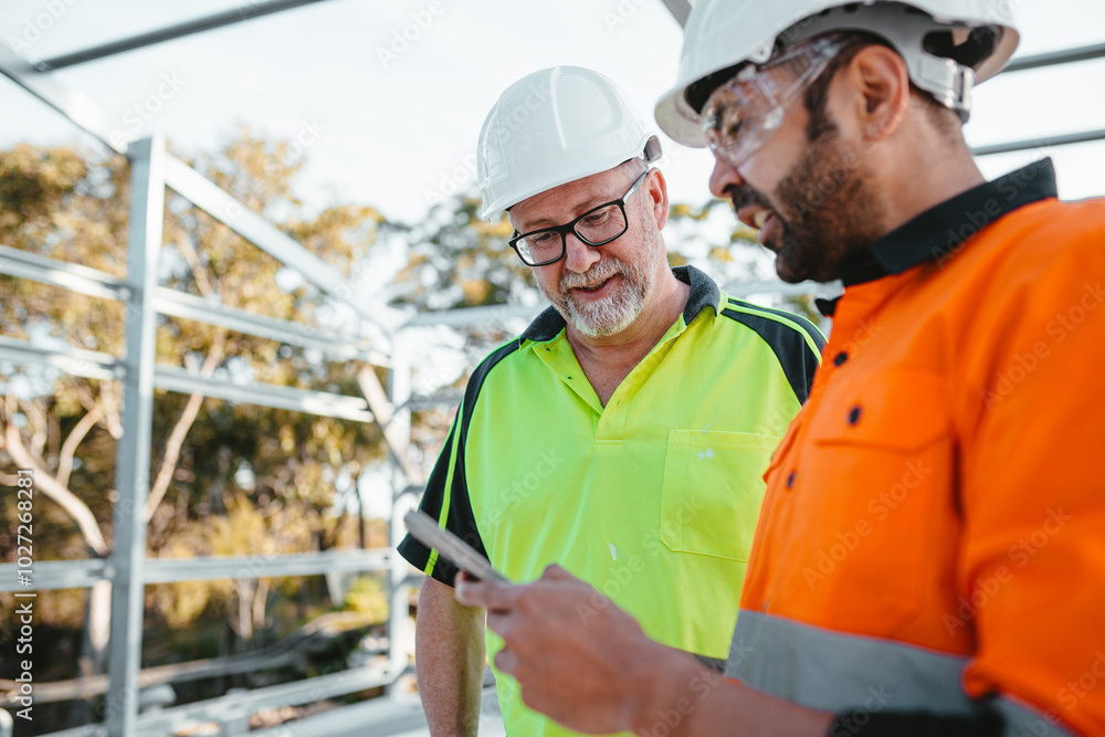 Two men wearing safety gear on the work site with one holding a mobile device Two men wearing safety gear on the work site with one holding a mobile device