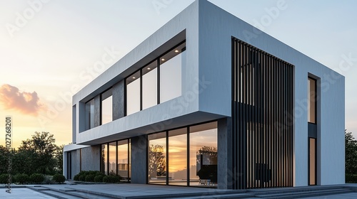 Luxurious modern house with white concrete, black wood slats for decoration, and large windows with gray metal accents at sunset