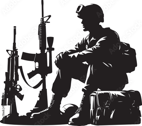 A strong, stoic soldier silhouette stands tall against the horizon, evoking strength, bravery, and unwavering resolve.