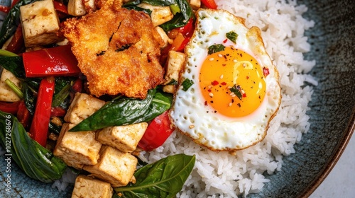 Delicious stir-fried tofu with egg and rice photo