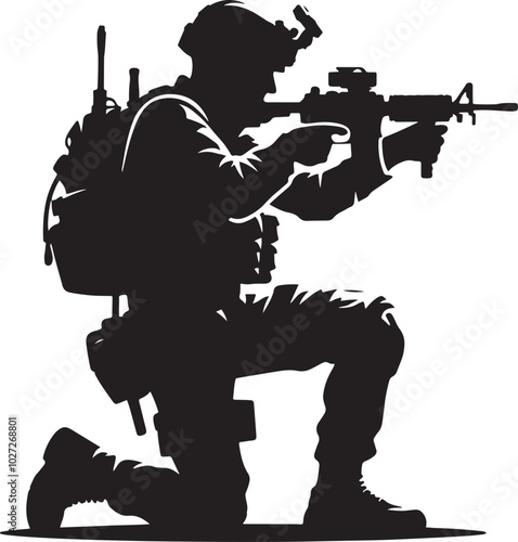 A strong, stoic soldier silhouette stands tall against the horizon, evoking strength, bravery, and unwavering resolve.