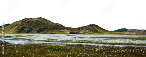 Panorama view of forest mountains with river farm range in the distant horizon, Adventure cut out transparent isolated on white background PNG file. Warm hues and green grass.