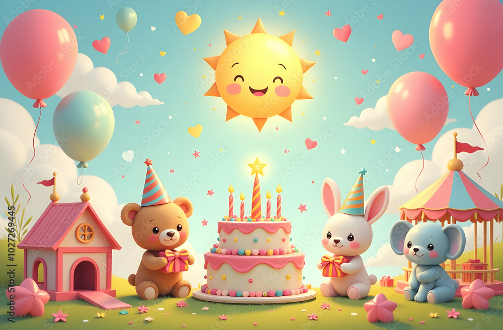 Obraz premium An adorable scene featuring cheerful teddy bears, a bunny, and an elephant celebrating a birthday. Colorful balloons, a delicious cake with candles, under a bright sun surround them