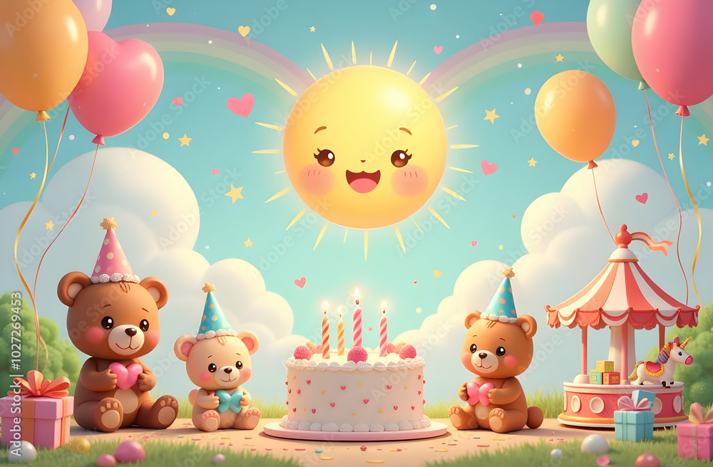 An adorable scene featuring cheerful teddy bears, a bunny, and an elephant celebrating a birthday. Colorful balloons, a delicious cake with candles, under a bright sun surround them An adorable scene featuring cheerful teddy bears, a bunny, and an elephant celebrating a birthday. Colorful balloons, a delicious cake with candles, under a bright sun surround them