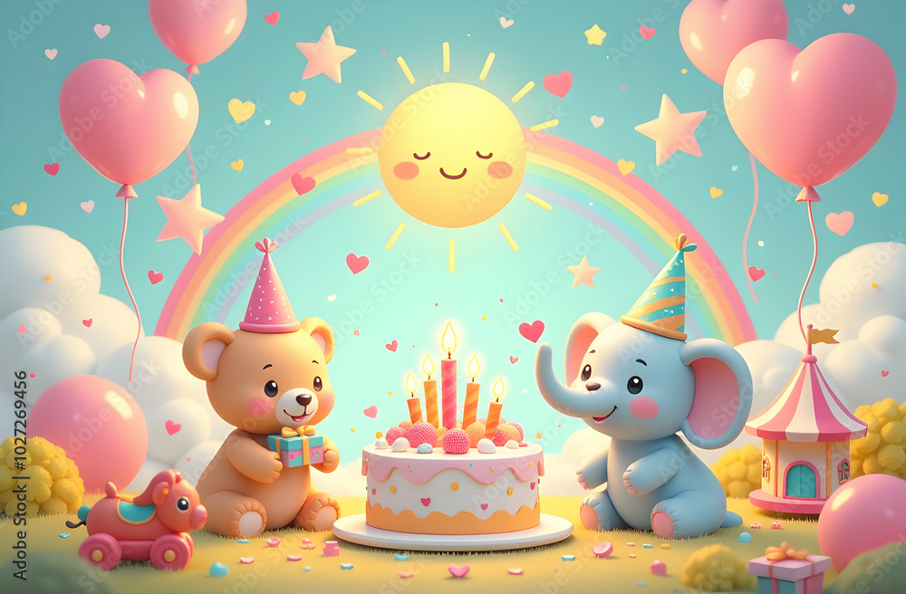 An adorable scene featuring cheerful teddy bears, a bunny, and an elephant celebrating a birthday. Colorful balloons, a delicious cake with candles, under a bright sun surround them An adorable scene featuring cheerful teddy bears, a bunny, and an elephant celebrating a birthday. Colorful balloons, a delicious cake with candles, under a bright sun surround them