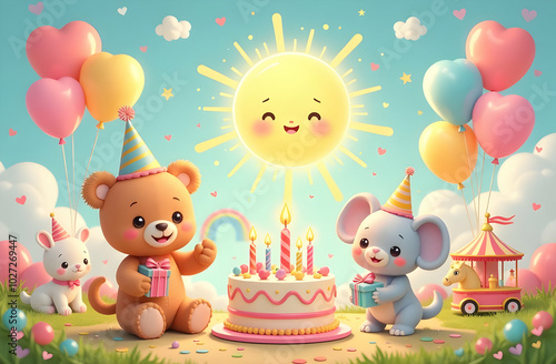 An adorable scene featuring cheerful teddy bears, a bunny, and an elephant celebrating a birthday. Colorful balloons, a delicious cake with candles, under a bright sun surround them