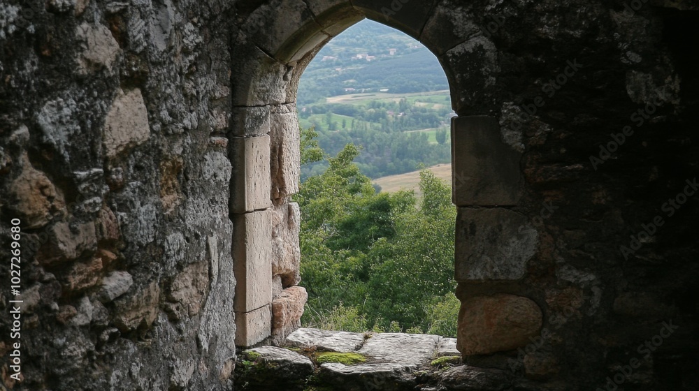 Fototapeta premium A view of a green valley through a stone window of an ancient castle ruin.