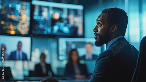 Businessman in remote video meeting surrounded by digital screens and data